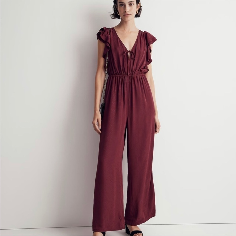 NWT Madewell Jacquard Deep-V Ruffled Jumpsuit Ruffle Maroon Bow Wide Leg Holiday